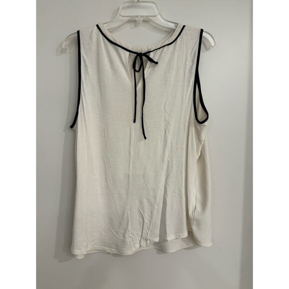 LOFT Contrast Trim Sleeveless Blouse | White Black Tie Neck Top | Size Large - Picture 2 of 6